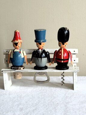 Vintage Wooden Figural Bar Tool Set Bench Corkscrew Bottle Opener folk Art